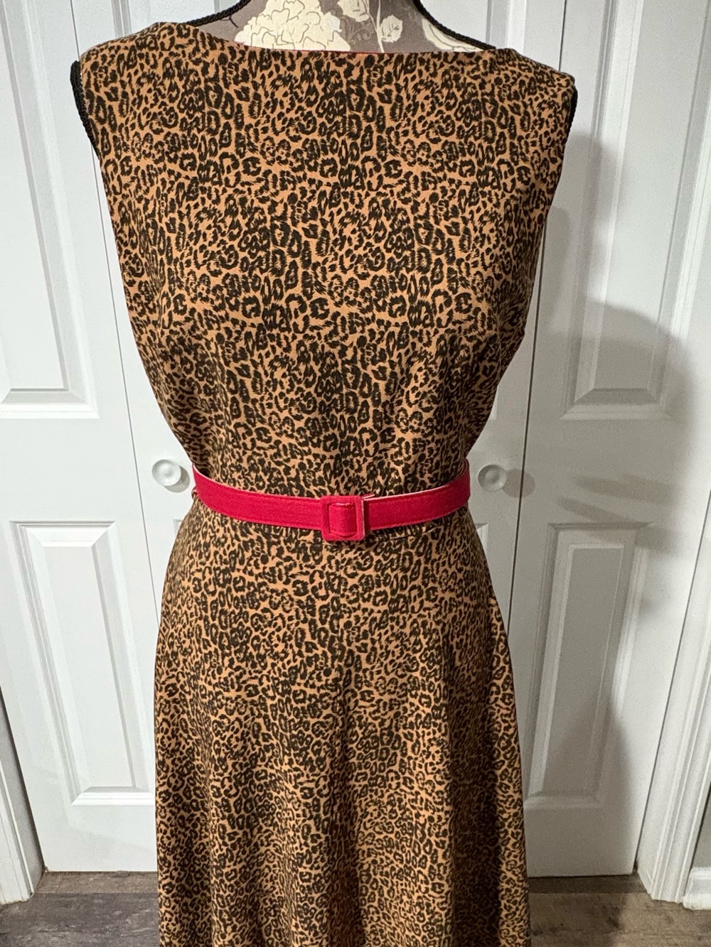 Tatyana 1940’s-50’s Vintage Style Leopard Print Midi Dress with Red Belt